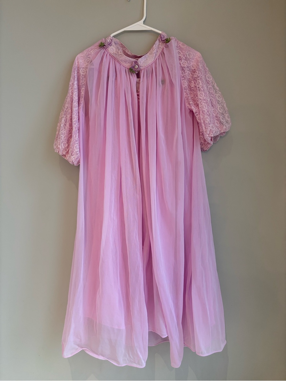 50s/60s nylon nightgown and matching robe with crochet flower detail